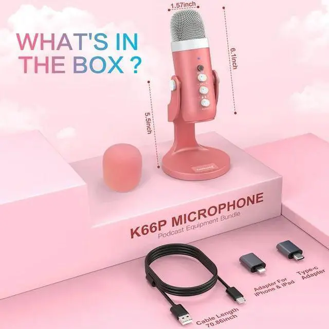 Alt view image 7 of 7 - ZealSound Gaming USB Pink Microphone with Quick Mute for Phone Computer PC PS5,Studio Mic with Gain Control,Echo&Monitor Volume Adjust for Streaming Vocal Recording ASMR Podcast Video K66