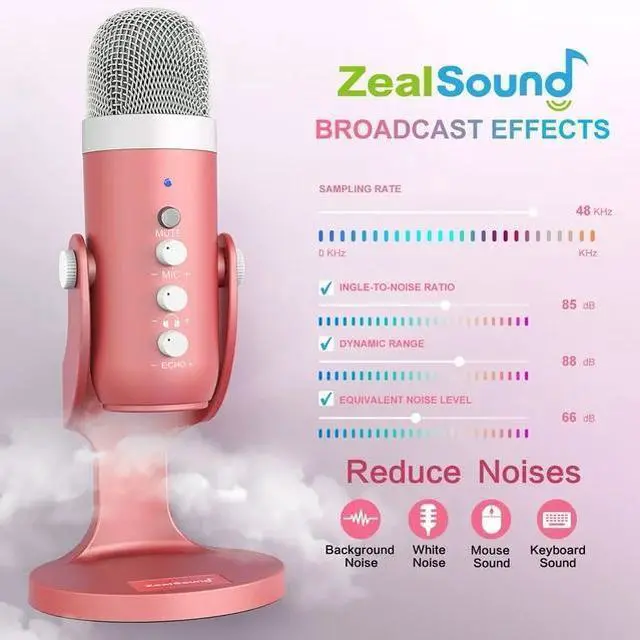 Alt view image 4 of 7 - ZealSound Gaming USB Pink Microphone with Quick Mute for Phone Computer PC PS5,Studio Mic with Gain Control,Echo&Monitor Volume Adjust for Streaming Vocal Recording ASMR Podcast Video K66