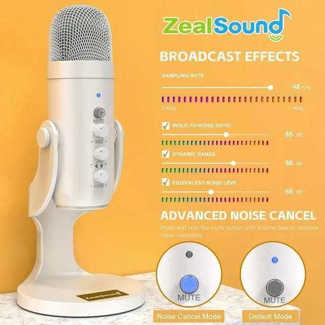 Alt view image 3 of 7 - ZealSound USB Microphone,Quick Mute Noise Cancel for Phone Computer PC PS5,Gaming Microphone for Streaming Vocal Recording ASMR Podcast Video K66 White