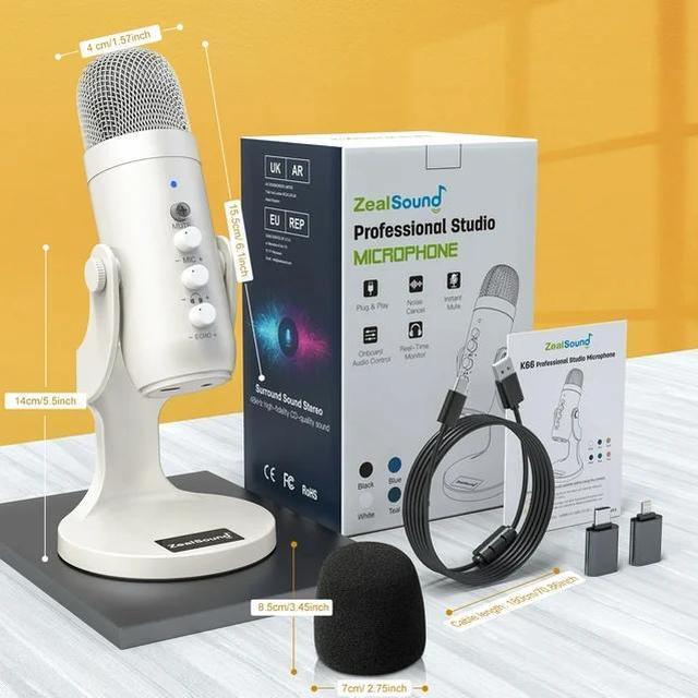 Alt view image 6 of 7 - ZealSound USB Microphone,Quick Mute Noise Cancel for Phone Computer PC PS5,Gaming Microphone for Streaming Vocal Recording ASMR Podcast Video K66 White