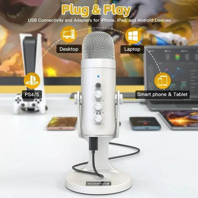 Alt view image 5 of 7 - ZealSound USB Microphone,Quick Mute Noise Cancel for Phone Computer PC PS5,Gaming Microphone for Streaming Vocal Recording ASMR Podcast Video K66 White