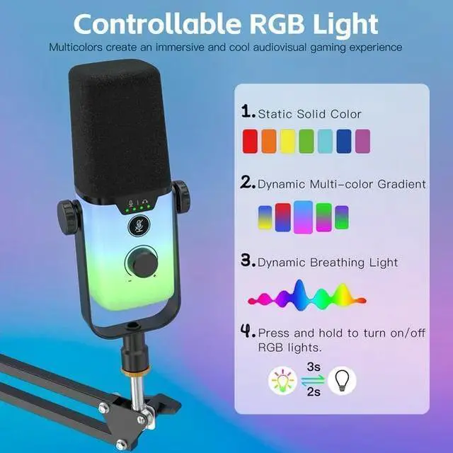 Alt view image 5 of 7 - ZealSound USB Gaming Microphone,PC Microphone for phone tablet with RGB for Streaming Podcast Vocal Recording ASMR, Computer Mic with Noise Cancellation,Mute Button,Gain Knob,Desktop Arm Boom Stand