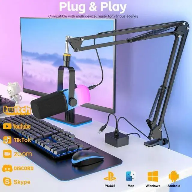 Alt view image 2 of 7 - ZealSound USB Gaming Microphone,PC Microphone for phone tablet with RGB for Streaming Podcast Vocal Recording ASMR, Computer Mic with Noise Cancellation,Mute Button,Gain Knob,Desktop Arm Boom Stand