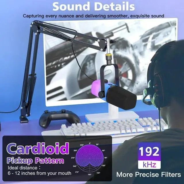 Alt view image 6 of 7 - ZealSound USB Gaming Microphone,PC Microphone for phone tablet with RGB for Streaming Podcast Vocal Recording ASMR, Computer Mic with Noise Cancellation,Mute Button,Gain Knob,Desktop Arm Boom Stand