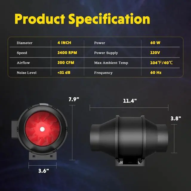 Alt view image 3 of 7 - 4 Inch Exhaust Inline Duct Fan with Variable Speed Controller for Grow Tent