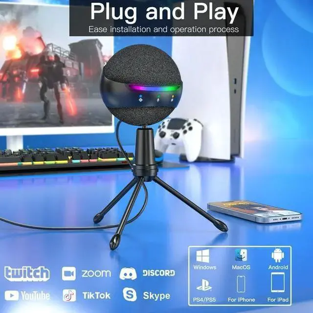 Alt view image 4 of 7 - ZealSound USB Microphone for iPhone/PC, RGB Mic with Touch Mute, Noise Cancel, Real-Time Monitor for Podcast, ASMR, YouTube, Zoom