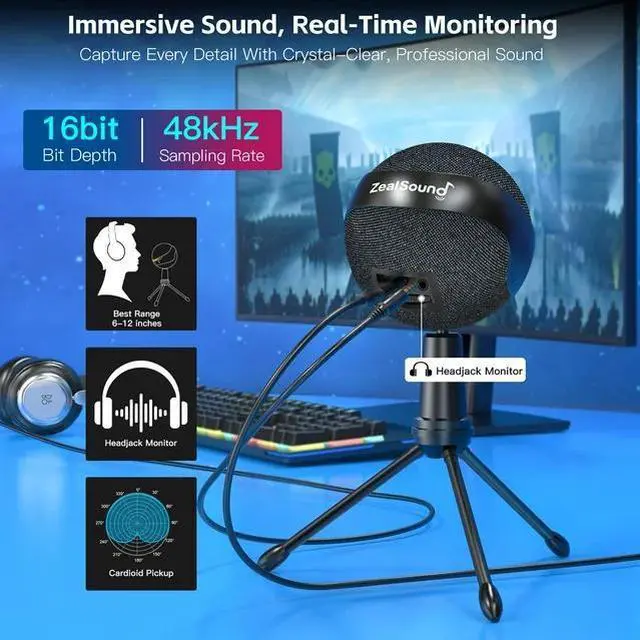 Alt view image 6 of 7 - ZealSound USB Microphone for iPhone/PC, RGB Mic with Touch Mute, Noise Cancel, Real-Time Monitor for Podcast, ASMR, YouTube, Zoom
