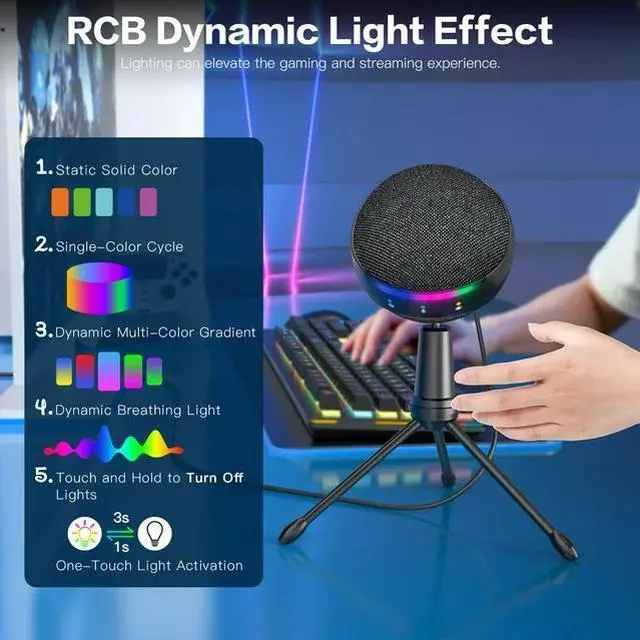 Alt view image 5 of 7 - ZealSound USB Microphone for iPhone/PC, RGB Mic with Touch Mute, Noise Cancel, Real-Time Monitor for Podcast, ASMR, YouTube, Zoom
