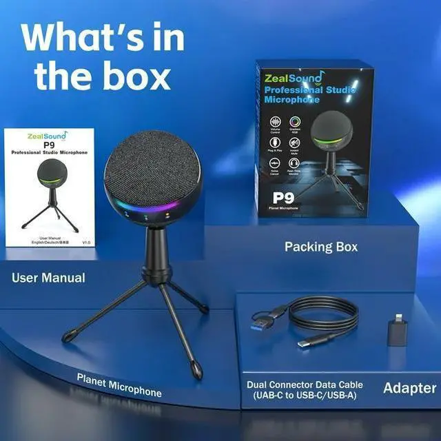 Alt view image 7 of 7 - ZealSound USB Microphone for iPhone/PC, RGB Mic with Touch Mute, Noise Cancel, Real-Time Monitor for Podcast, ASMR, YouTube, Zoom