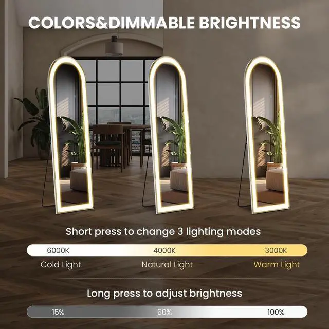 Alt view image 7 of 7 - 60"x16" Full Length Mirror with LED Light for Bedroom Dressing Cloakroom Arched