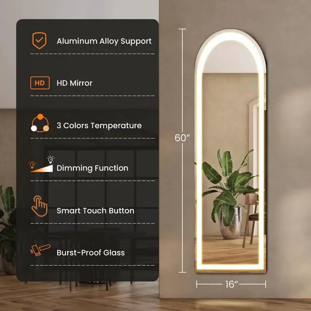 Alt view image 2 of 7 - 60"x16" Full Length Mirror with LED Light for Bedroom Dressing Cloakroom Arched