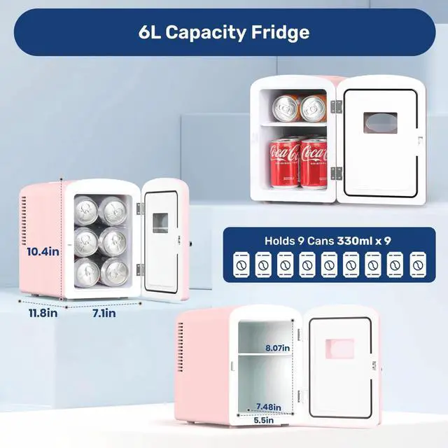 Alt view image 3 of 7 - 6L Portable Mini Fridge with Observation Window Warmer and Cooler 9 Cans Pink