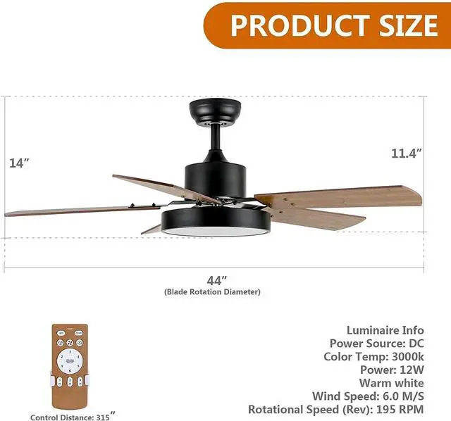 Alt view image 2 of 7 - Simple Deluxe Modern 44'' Ceiling Fan with LED Light and Remote Control 5 Blades