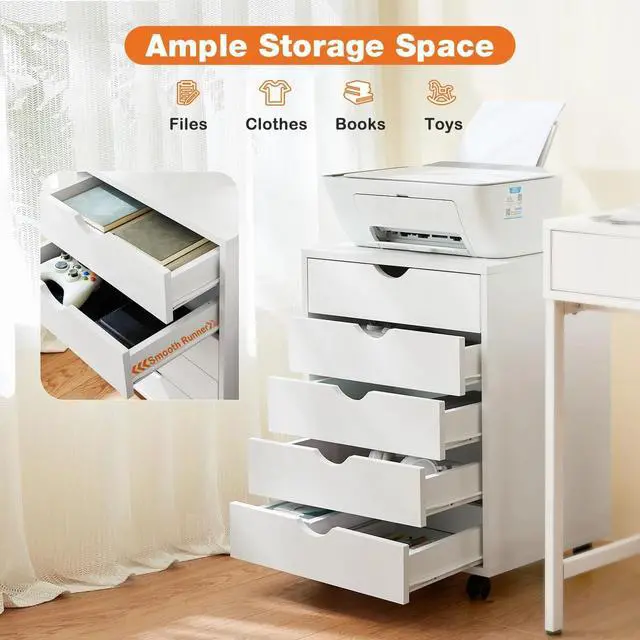 Alt view image 6 of 7 - 5 Drawer Chest Drawers Wood Organization Furniture with Wheels White