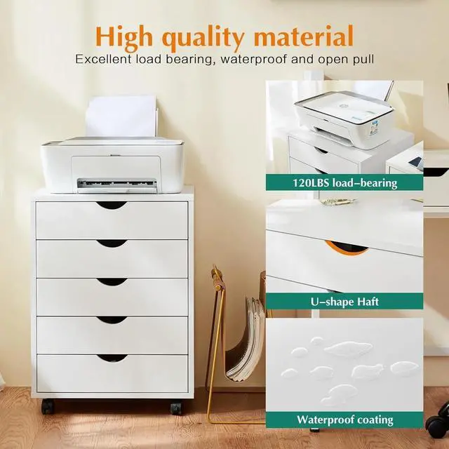 Alt view image 7 of 7 - 5 Drawer Chest Drawers Wood Organization Furniture with Wheels White