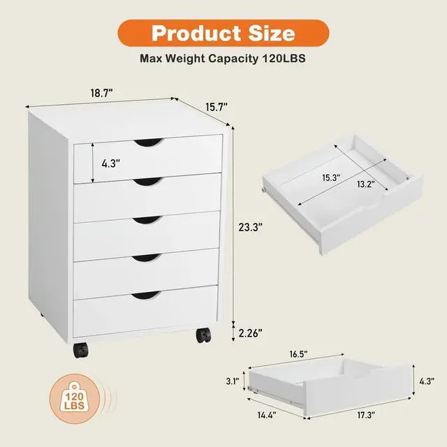 Alt view image 3 of 7 - 5 Drawer Chest Drawers Wood Organization Furniture with Wheels White