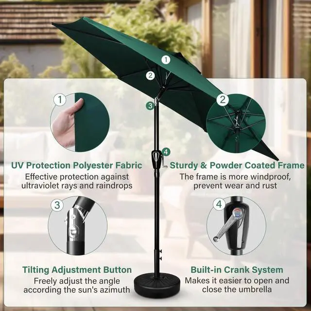 Alt view image 3 of 7 - 7.5ft Outdoor Umbrella with 6 Ribs with Push Button Tilt/Crank for Pool Green