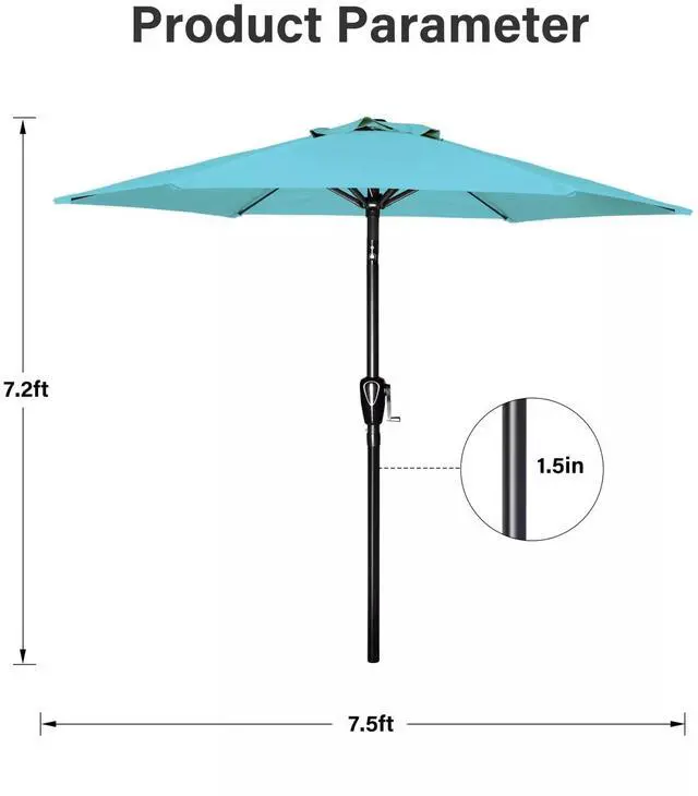 Alt view image 3 of 7 - 7.5' Patio Umbrella Outdoor Market Yard Umbrella with 6 Sturdy Ribs Turquoise
