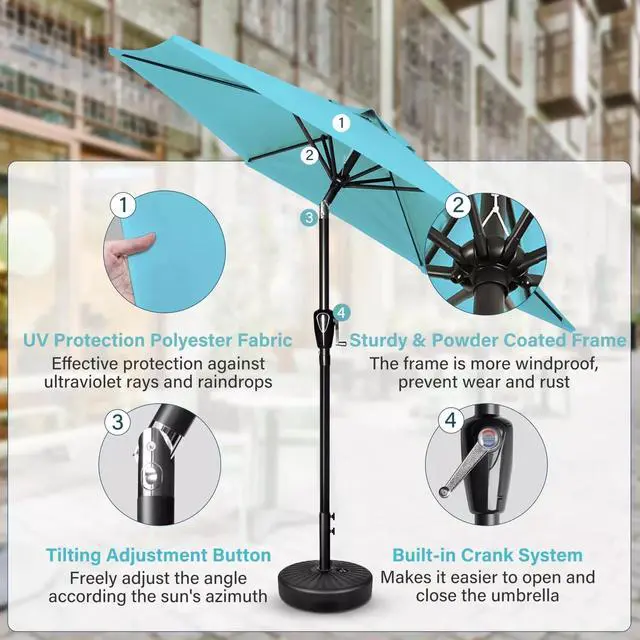 Alt view image 5 of 7 - 7.5' Patio Umbrella Outdoor Market Yard Umbrella with 6 Sturdy Ribs Turquoise