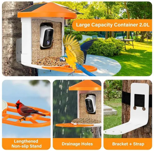 Alt view image 6 of 6 - Smart Bird Feeder with Camera Solar Powered with Camera HD 1080P Orange