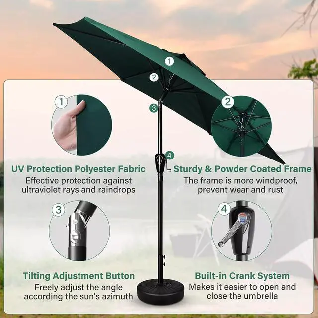 Alt view image 5 of 6 - 9' Patio Umbrella Outdoor Market Yard Umbrella with Push Button Tilt/Crank Green
