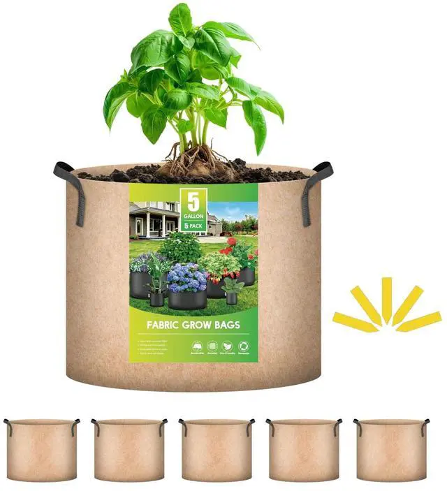Alt view image 2 of 6 - 5 Pack 5 Gallon Tan Grow Bags for Tomato Fruits Vegetables and Flowers