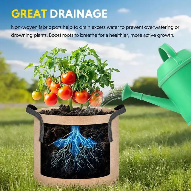 Alt view image 5 of 6 - 5 Pack 5 Gallon Tan Grow Bags for Tomato Fruits Vegetables and Flowers