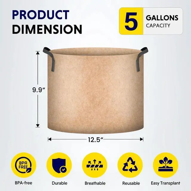 Alt view image 3 of 6 - 5 Pack 5 Gallon Tan Grow Bags for Tomato Fruits Vegetables and Flowers