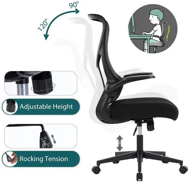 Main image of Mesh Chair with Flip-up Armrest Lumbar Support Backrest for Home Office Black