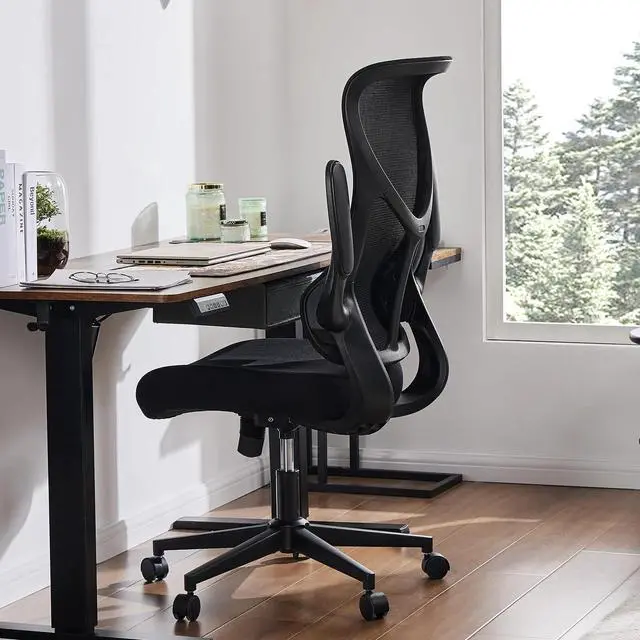 Alt view image 2 of 6 - Mesh Chair with Flip-up Armrest Lumbar Support Backrest for Home Office Black