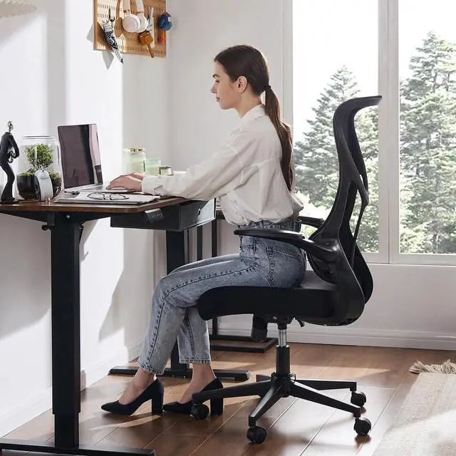 Alt view image 6 of 6 - Mesh Chair with Flip-up Armrest Lumbar Support Backrest for Home Office Black
