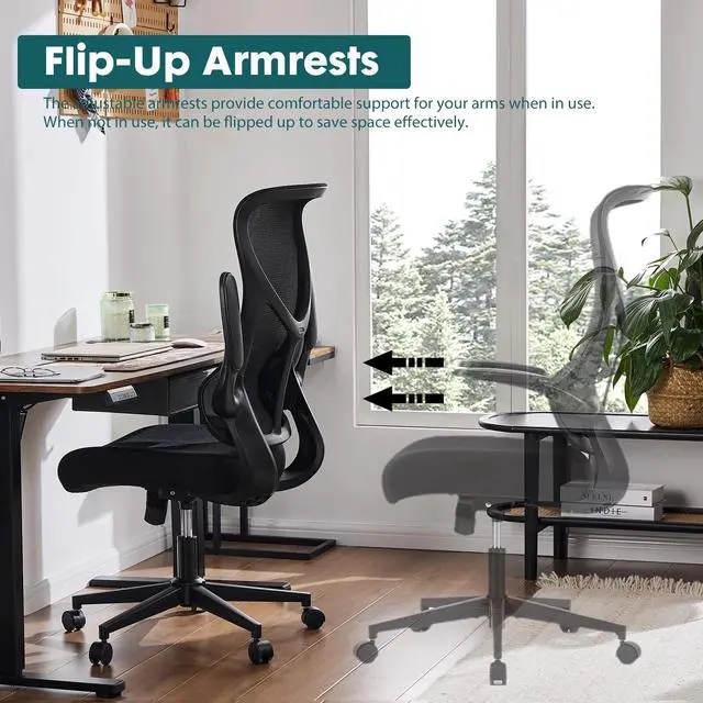 Alt view image 4 of 6 - Mesh Chair with Flip-up Armrest Lumbar Support Backrest for Home Office Black