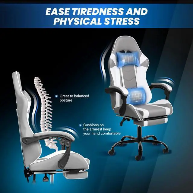 Alt view image 3 of 7 - White Gaming Chair with Footrest, Big and Tall Gamer Chair, Racing Style A