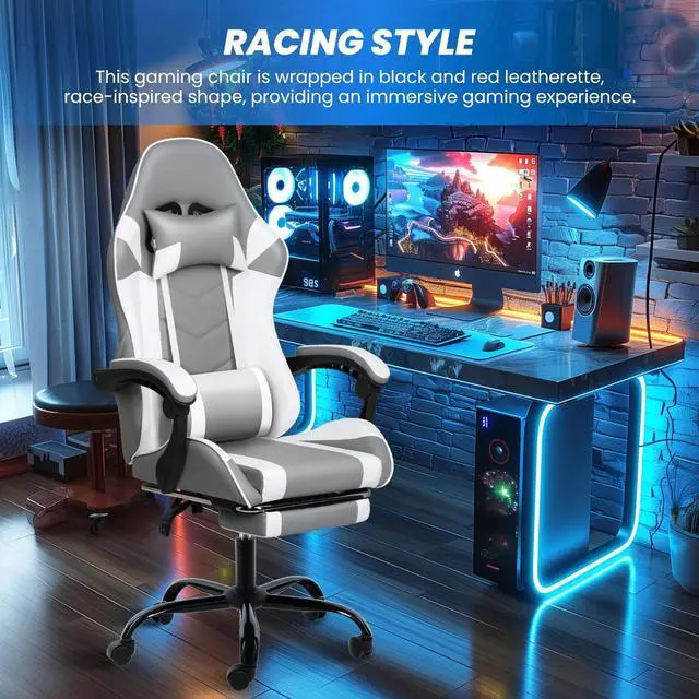Alt view image 6 of 7 - White Gaming Chair with Footrest, Big and Tall Gamer Chair, Racing Style A