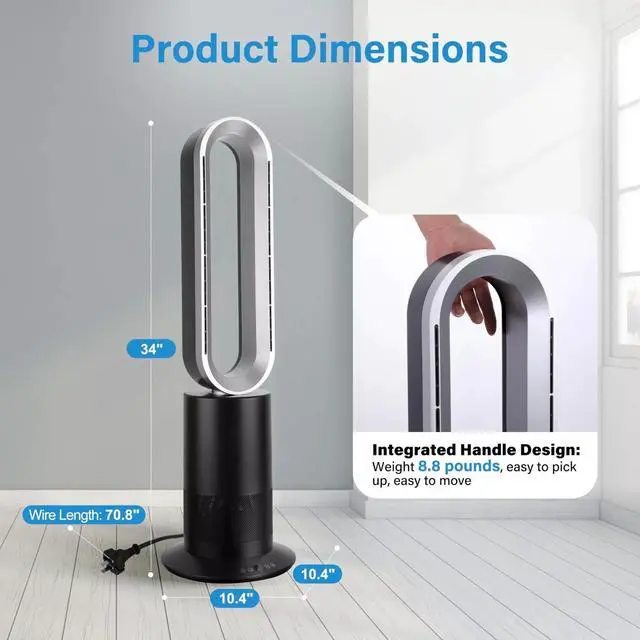 Alt view image 3 of 7 - 34 Inch Bladeless Tower Fan with Remove Heater and Fan Combo for Home Bedroom