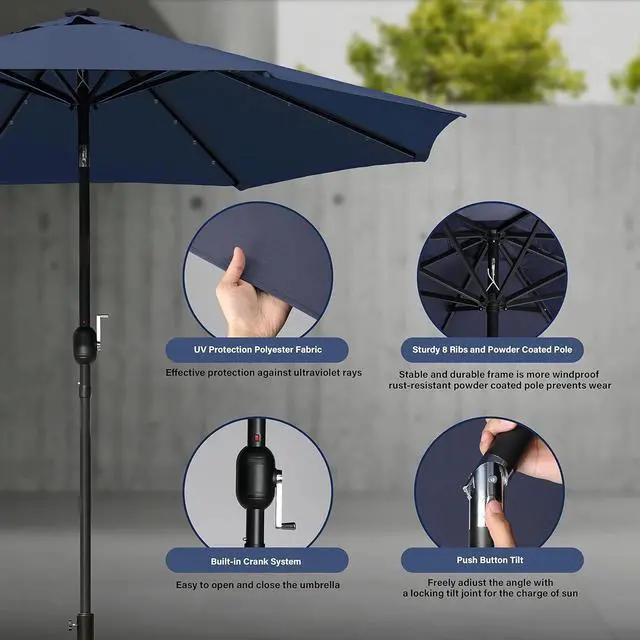 Alt view image 5 of 7 - Solar Umbrella 9ft 32 LED Lighted Outdoor Table Market Umbrellas Dark Blue