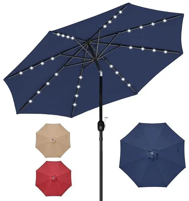 Main image of Solar Umbrella 9ft 32 LED Lighted Outdoor Table Market Umbrellas Dark Blue