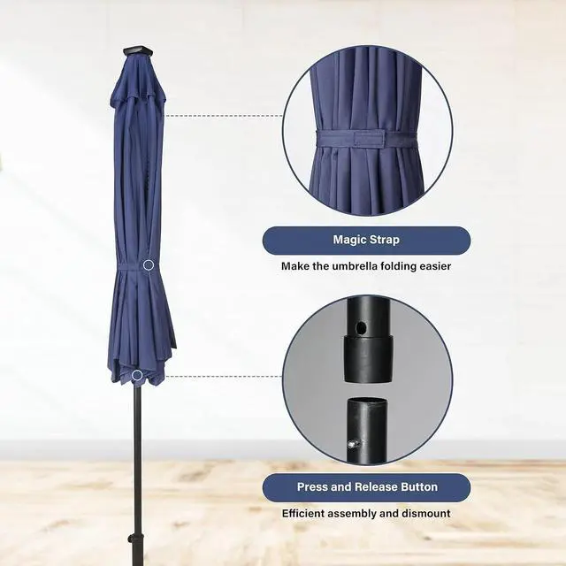 Alt view image 6 of 7 - Solar Umbrella 9ft 32 LED Lighted Outdoor Table Market Umbrellas Dark Blue