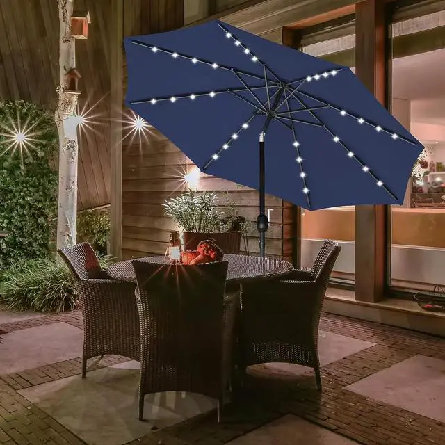 Alt view image 2 of 7 - Solar Umbrella 9ft 32 LED Lighted Outdoor Table Market Umbrellas Dark Blue
