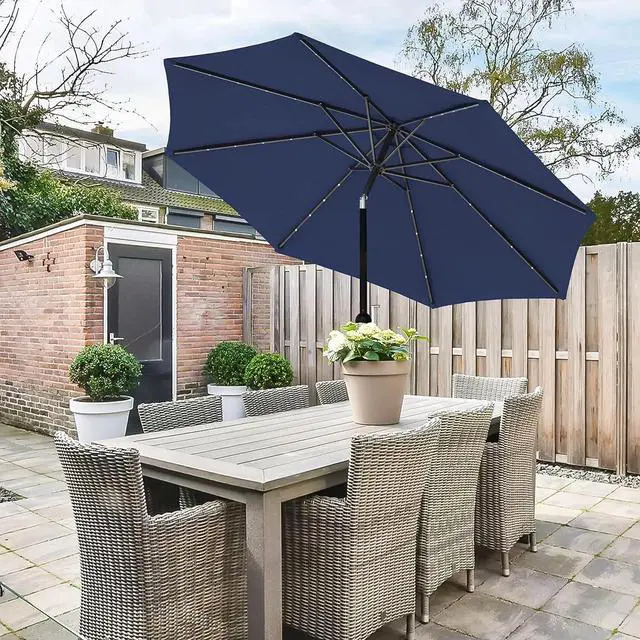 Alt view image 7 of 7 - Solar Umbrella 9ft 32 LED Lighted Outdoor Table Market Umbrellas Dark Blue