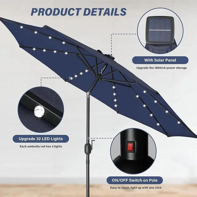Alt view image 4 of 7 - Solar Umbrella 9ft 32 LED Lighted Outdoor Table Market Umbrellas Dark Blue