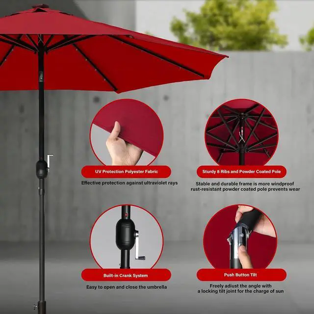 Alt view image 4 of 7 - 9' Solar Market Umbrella 32 LED Lighted for Garden Backyard Pool Red