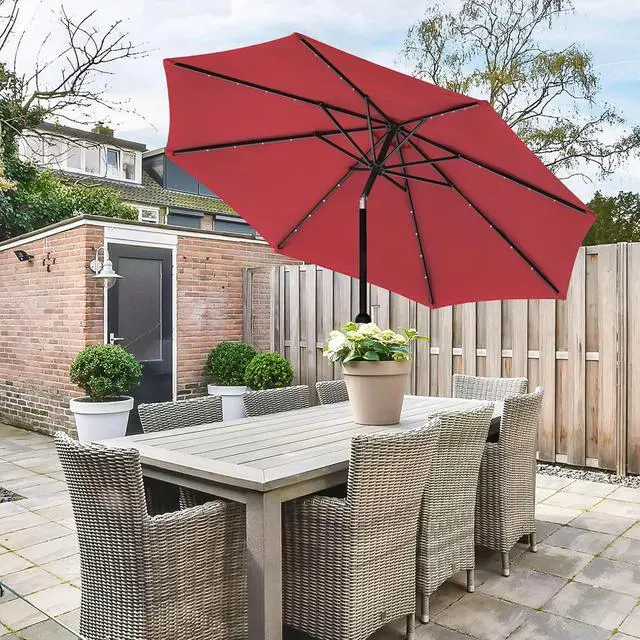 Alt view image 6 of 7 - 9' Solar Market Umbrella 32 LED Lighted for Garden Backyard Pool Red