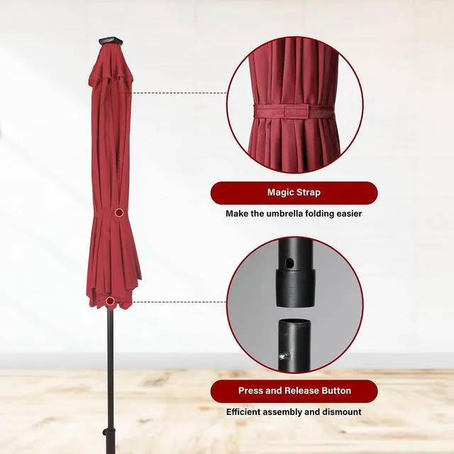 Alt view image 3 of 7 - 9' Solar Market Umbrella 32 LED Lighted for Garden Backyard Pool Red