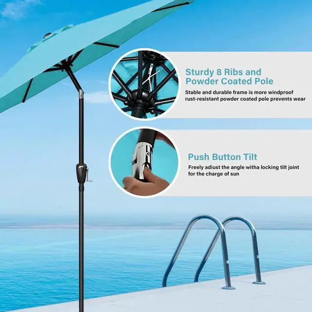Alt view image 4 of 6 - 9ft Patio Umbrella with 8 Sturdy Ribs for Garden Backyard Deck Pool Turquoise