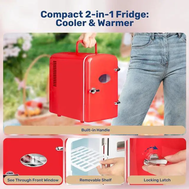 Alt view image 2 of 7 - 4L/6 Can Mini Fridge Compact Cooler & Warmer with window Portable Red