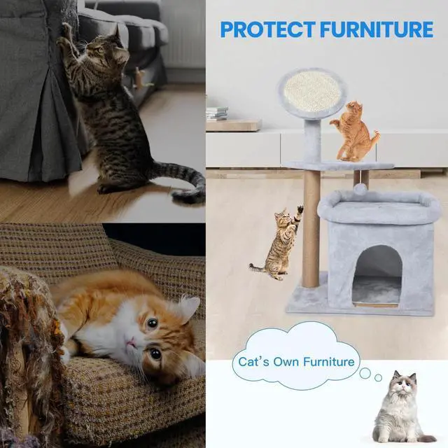 Alt view image 5 of 7 - 33 inch Small Cat Tree Tower Cat Playhouse with Hanging Ball for Play Grey