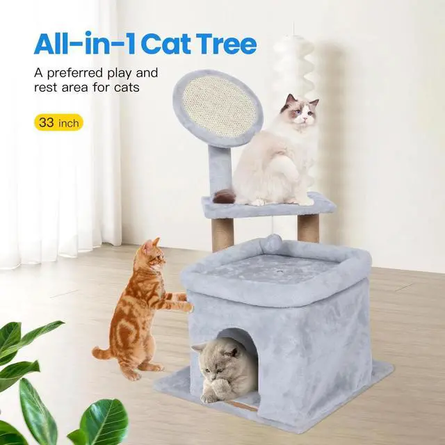 Alt view image 2 of 7 - 33 inch Small Cat Tree Tower Cat Playhouse with Hanging Ball for Play Grey