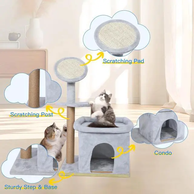 Alt view image 4 of 7 - 33 inch Small Cat Tree Tower Cat Playhouse with Hanging Ball for Play Grey