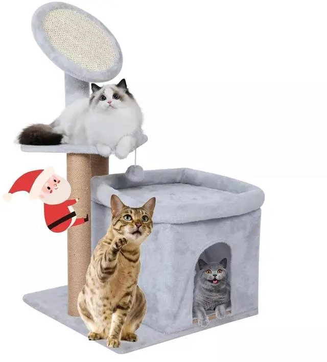 Main image of 33 inch Small Cat Tree Tower Cat Playhouse with Hanging Ball for Play Grey